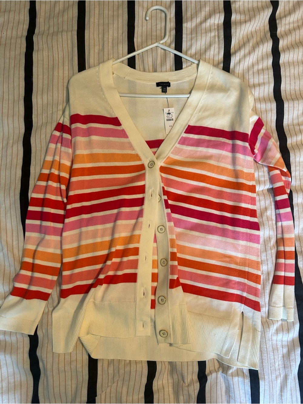 Talbots Cream Striped V-Neck Cardigan with Red, Pink and Orange Bands